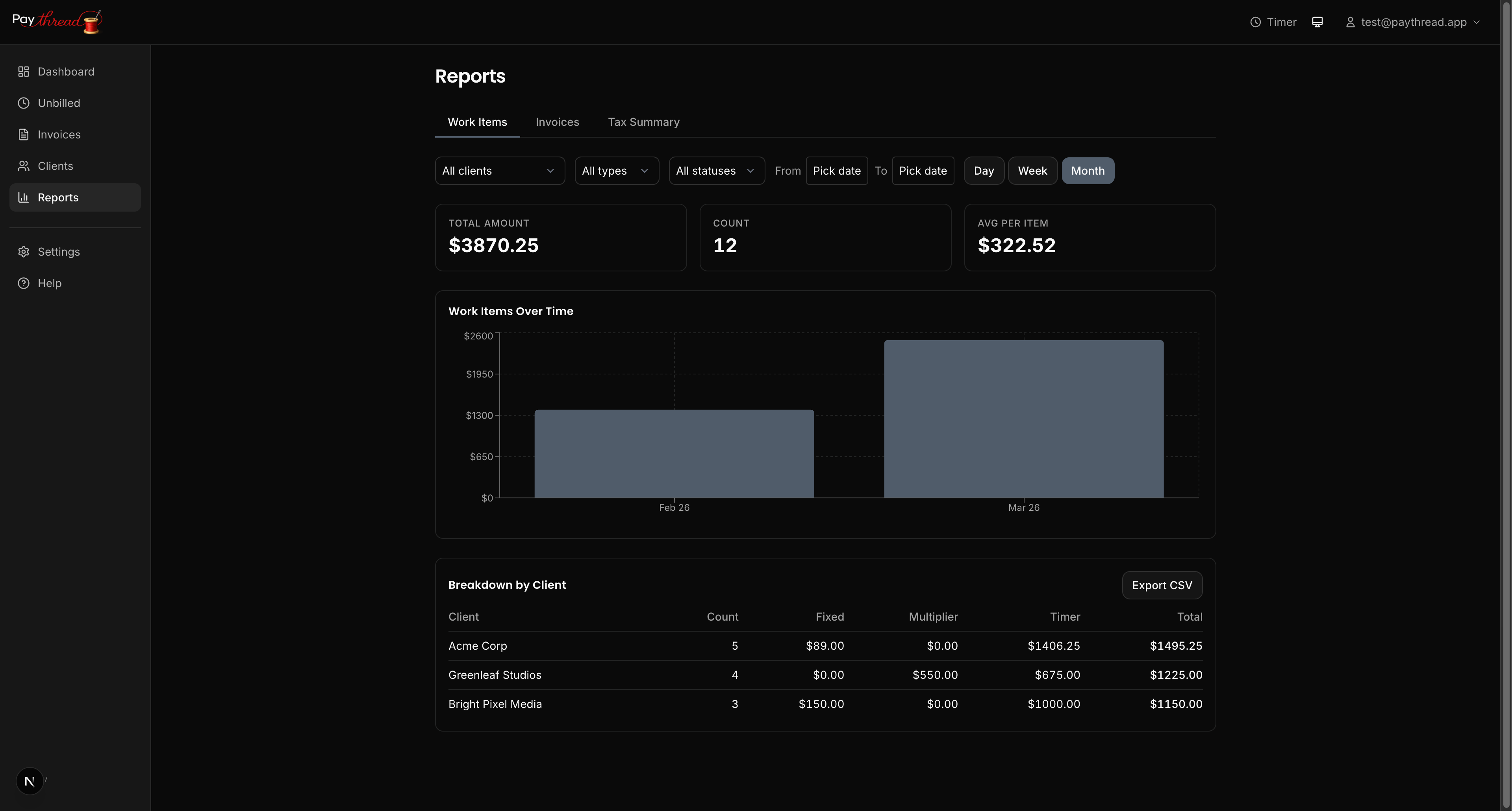 Reports showing work items with filtering options
