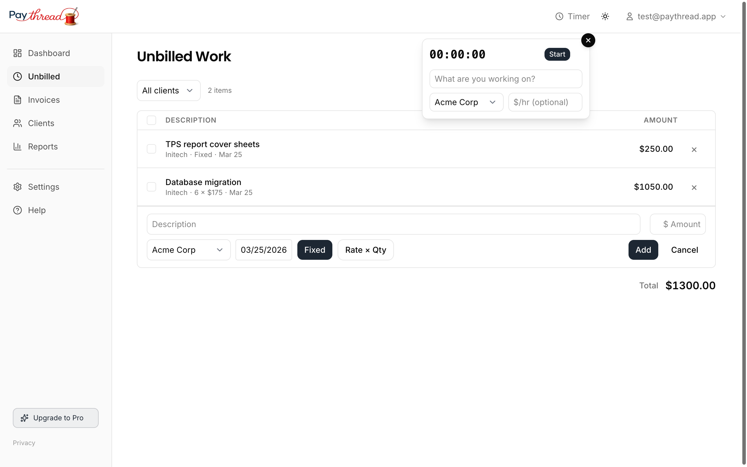 Unbilled queue with timer popover and inline add form showing fixed and multiplier options